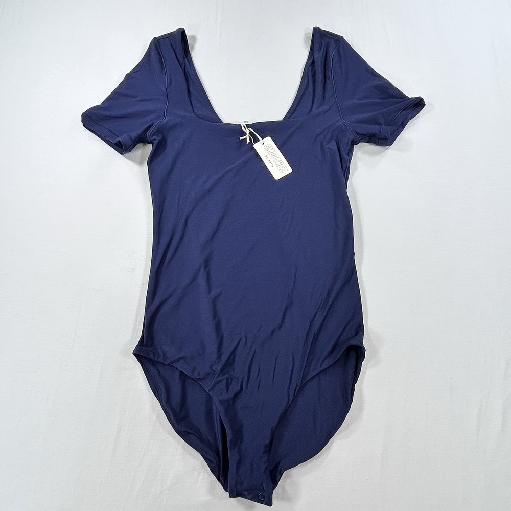 NWT Smoothez By Aerie Women's Short Sleeve Plunge Bodysuit Navy S Leotard $45